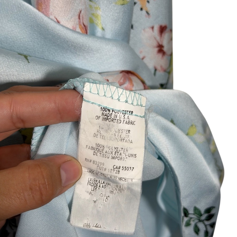Bebe Printed Bubble Satin Mini Dress Light Blue Floral Romantic Women's Large - Picture 8 of 9